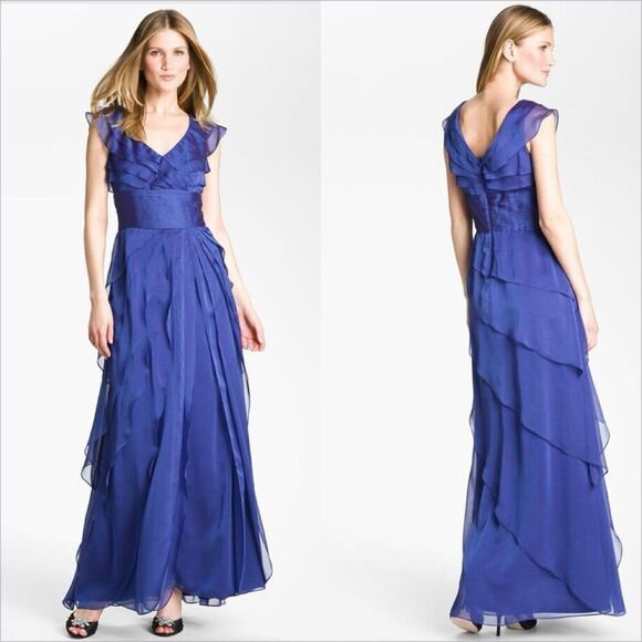 Adrianna Papell Tiered Chiffon Gown Size 6 Irridescent Blue Petal Mermaid Fairy - Picture 1 of 11